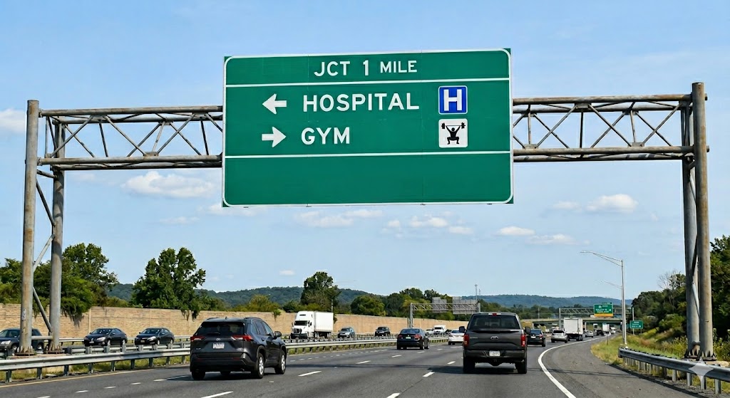 Highway sign pointing left to a hospital and right to a gym
