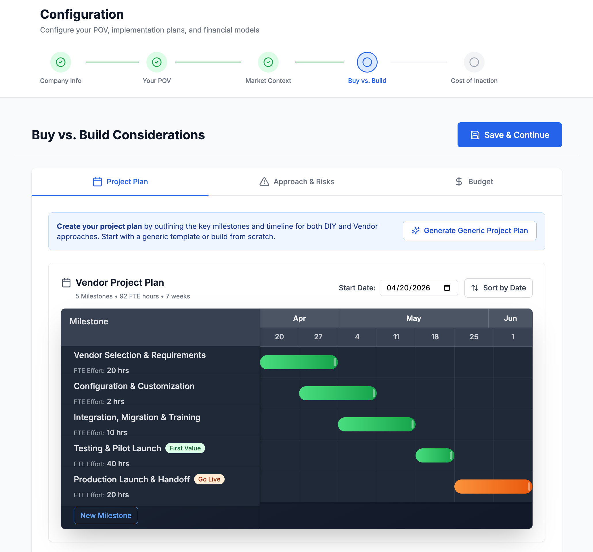 Point of View Engine — Buy vs. Build configuration with project plan milestones